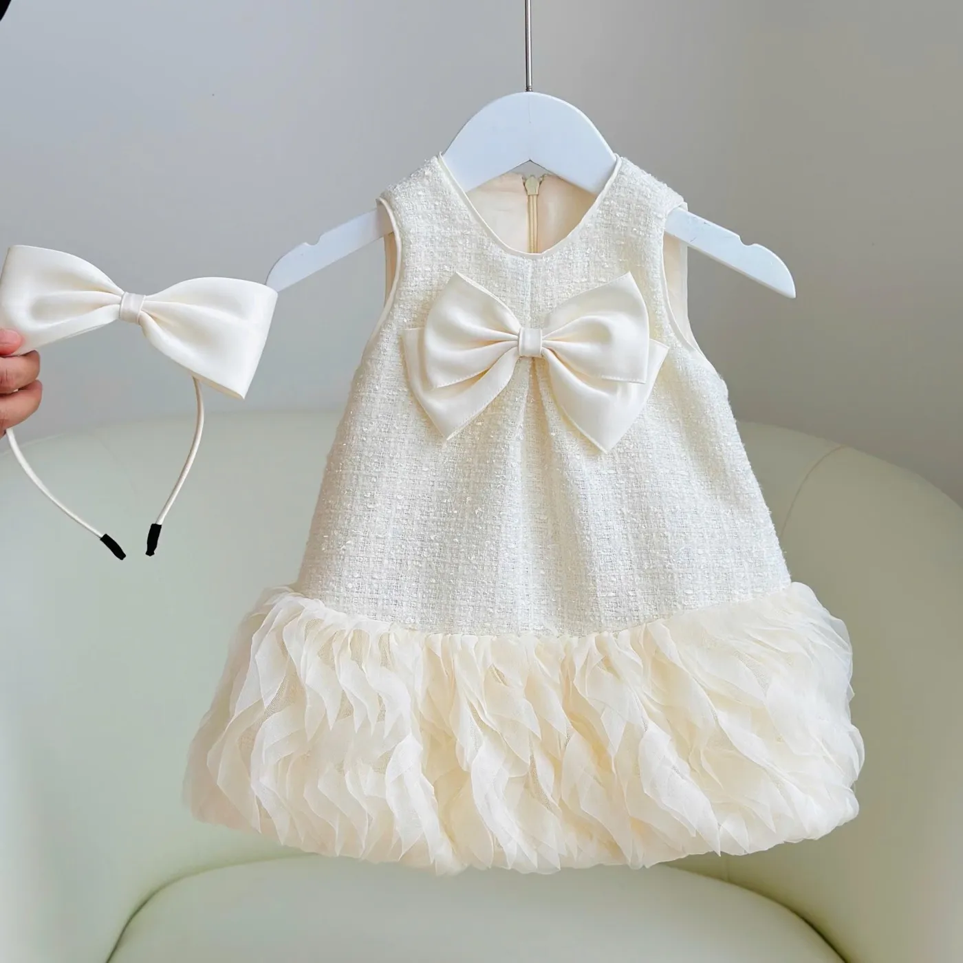 Elegant Ivory Tweed Dress for Baby Girl